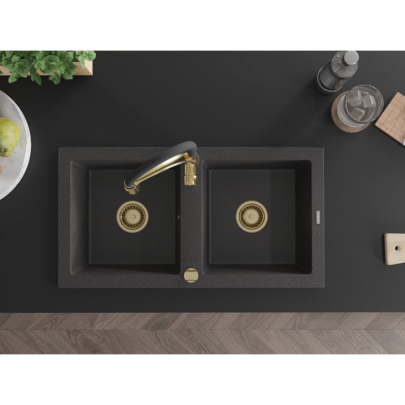Mexen Mario zlewozmywak granitowy 2-komorowy z baterią kuchenną Aster, czarny nakrapiany - 6504-76-73450-57-G