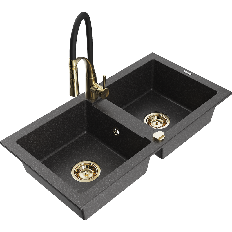 Mexen Mario zlewozmywak granitowy 2-komorowy z baterią kuchenną Aster, czarny nakrapiany - 6504-76-73450-57-G