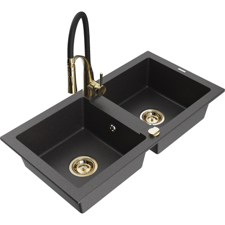 Mexen Mario zlewozmywak granitowy 2-komorowy z baterią kuchenną Aster, czarny nakrapiany - 6504-76-73450-57-G