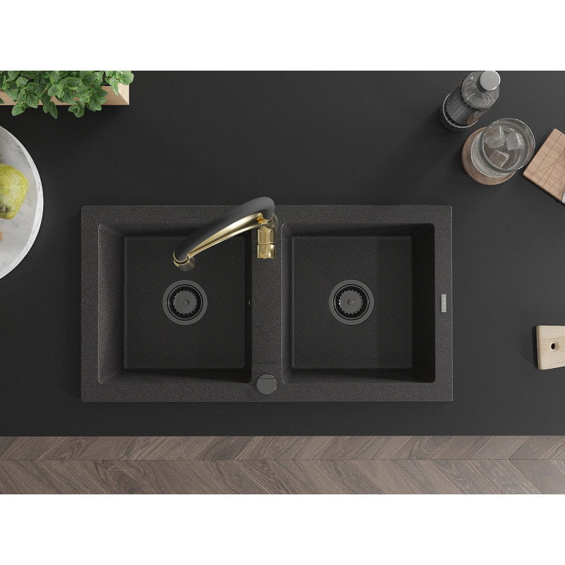Mexen Mario zlewozmywak granitowy 2-komorowy z baterią kuchenną Aster, czarny nakrapiany - 6504-76-73450-57-B