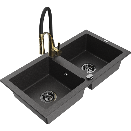 Mexen Mario zlewozmywak granitowy 2-komorowy z baterią kuchenną Aster, czarny nakrapiany - 6504-76-73450-57-B