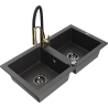 Mexen Mario zlewozmywak granitowy 2-komorowy z baterią kuchenną Aster, czarny nakrapiany - 6504-76-73450-57-B