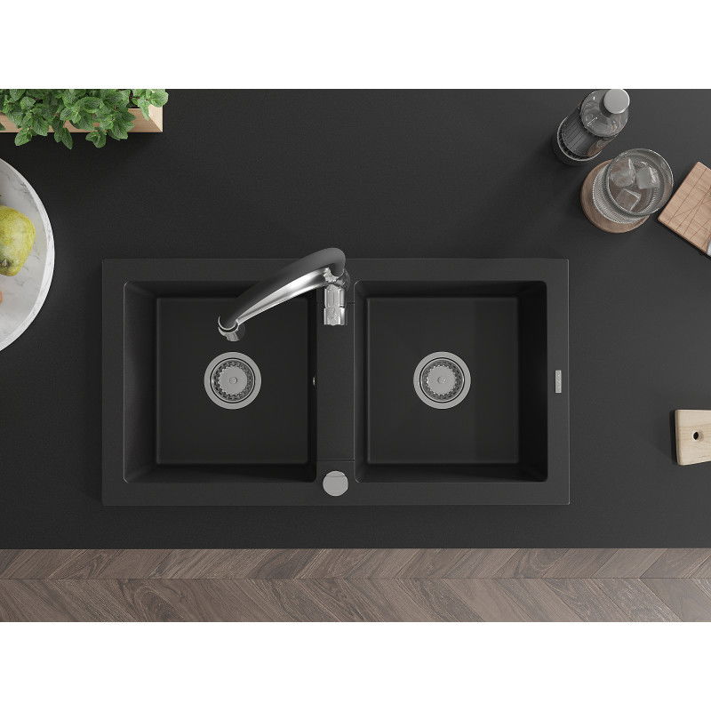 Mexen Mario zlewozmywak granitowy 2-komorowy z baterią kuchenną Aster, czarny - 6504-77-73450-07