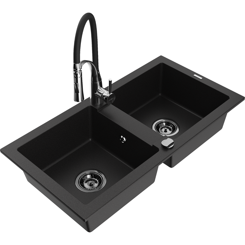 Mexen Mario zlewozmywak granitowy 2-komorowy z baterią kuchenną Aster, czarny - 6504-77-73450-07-B