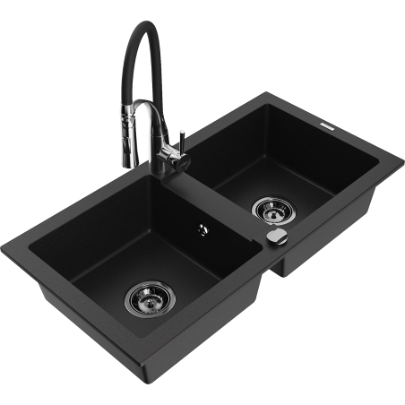 Mexen Mario zlewozmywak granitowy 2-komorowy z baterią kuchenną Aster, czarny - 6504-77-73450-07-B