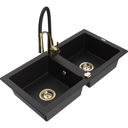 Mexen Mario zlewozmywak granitowy 2-komorowy z baterią kuchenną Aster, czarny - 6504-77-73450-57-G