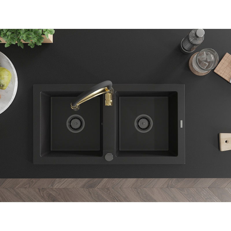 Mexen Mario zlewozmywak granitowy 2-komorowy z baterią kuchenną Aster, czarny - 6504-77-73450-57-B