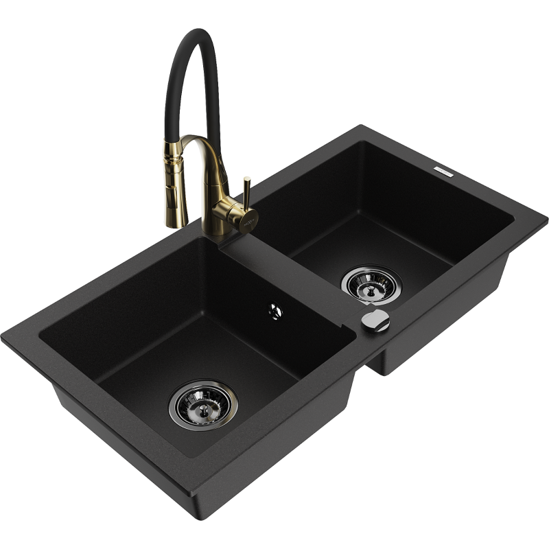 Mexen Mario zlewozmywak granitowy 2-komorowy z baterią kuchenną Aster, czarny - 6504-77-73450-57-B