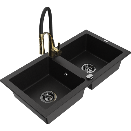 Mexen Mario zlewozmywak granitowy 2-komorowy z baterią kuchenną Aster, czarny - 6504-77-73450-57-B
