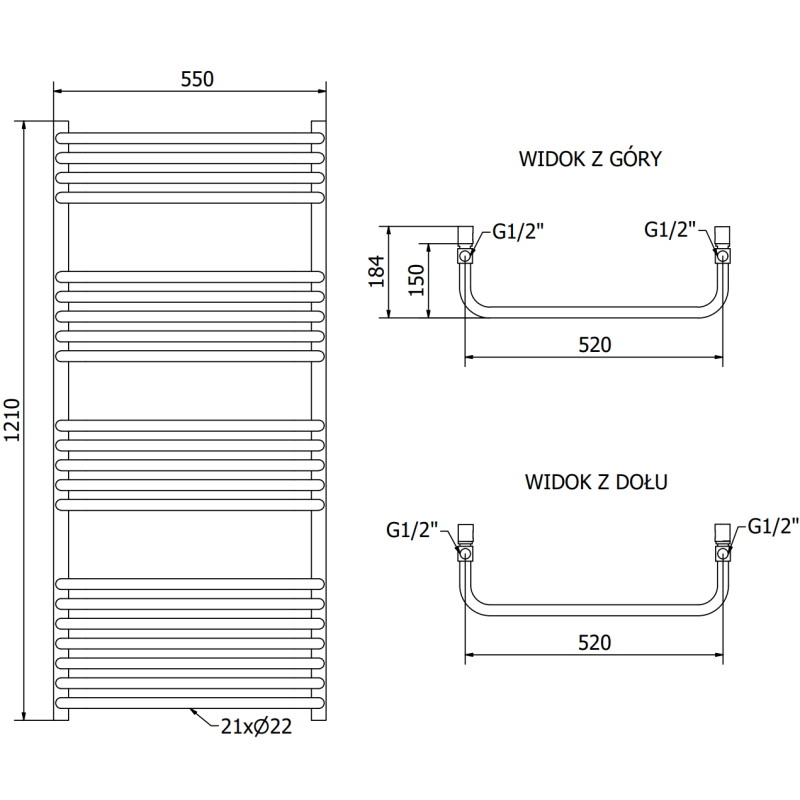 Mexen Apollo grzejnik łazienkowy 1210 x 550 mm, 641 W, antracyt - W117-1210-550-00-66
