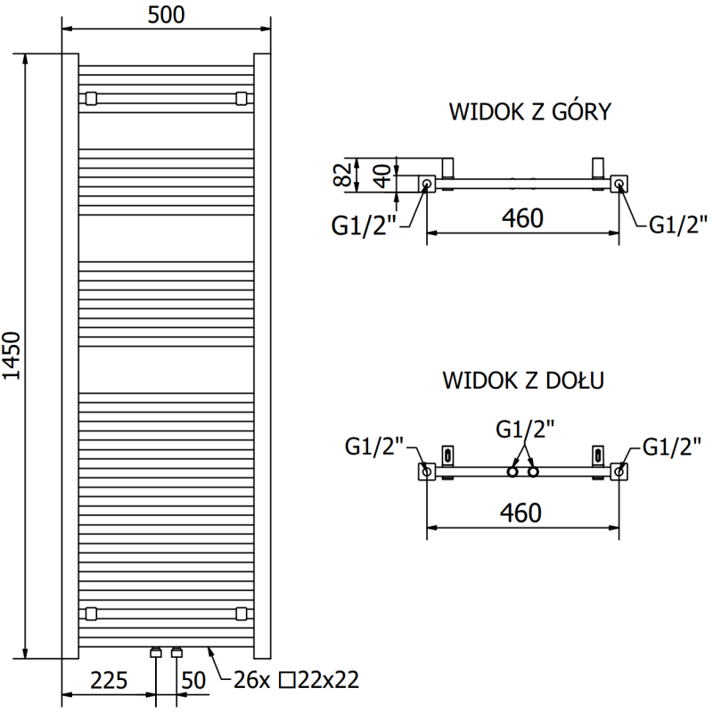 Mexen Pluton grzejnik łazienkowy 1450 x 500 mm, 721 W, czarny - W106-1450-500-00-70
