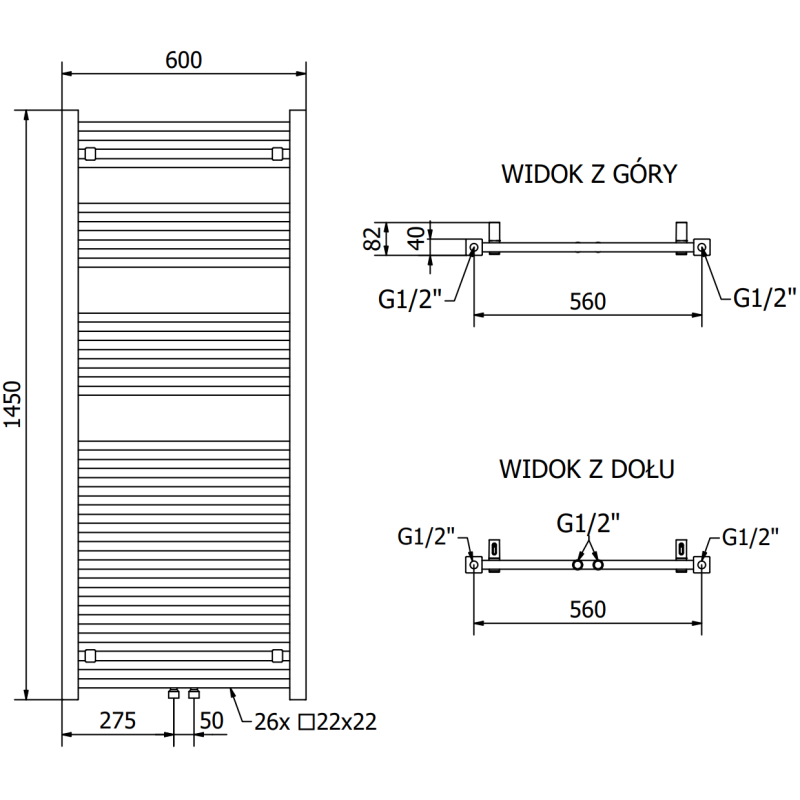 Mexen Pluton grzejnik łazienkowy 1450 x 600 mm, 835 W, czarny - W106-1450-600-00-70