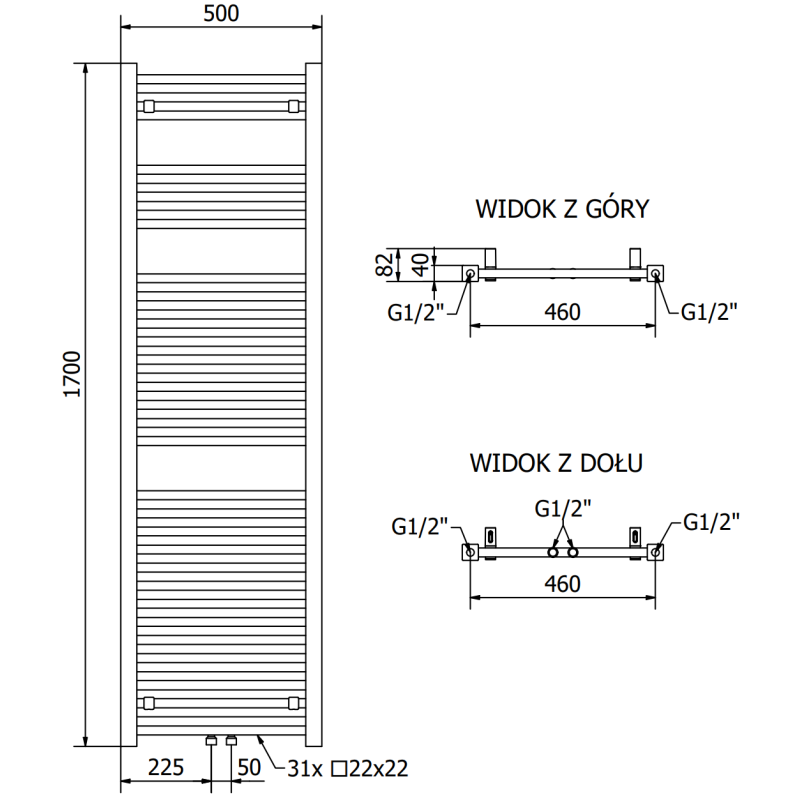 Mexen Pluton grzejnik łazienkowy 1700 x 500 mm, 855 W, czarny - W106-1700-500-00-70