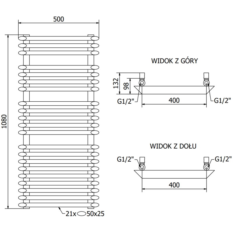 Mexen Akan grzejnik łazienkowy 1080 x 500 mm, 784 W, czarny - W121-1080-500-00-70