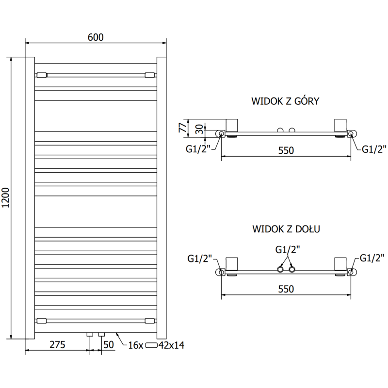 Mexen Uran grzejnik łazienkowy 1200 x 600 mm, 623 W, czarny - W105-1200-600-00-70