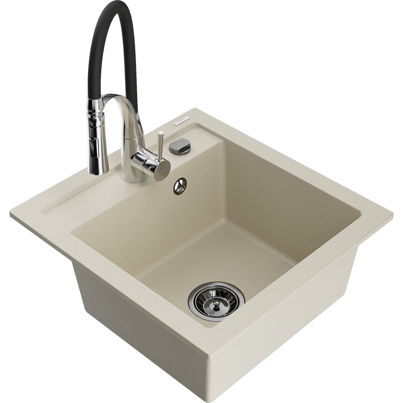 Mexen Vito zlewozmywak granitowy 1-komorowy z baterią kuchenną Aster, beżowy - 6503-69-73450-07-B
