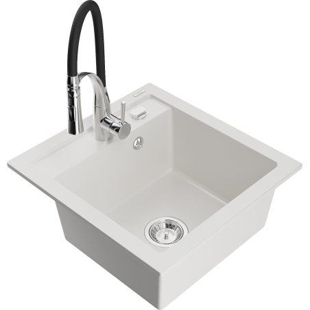 Mexen Vito zlewozmywak granitowy 1-komorowy z baterią kuchenną Aster, biały - 6503-20-73450-07
