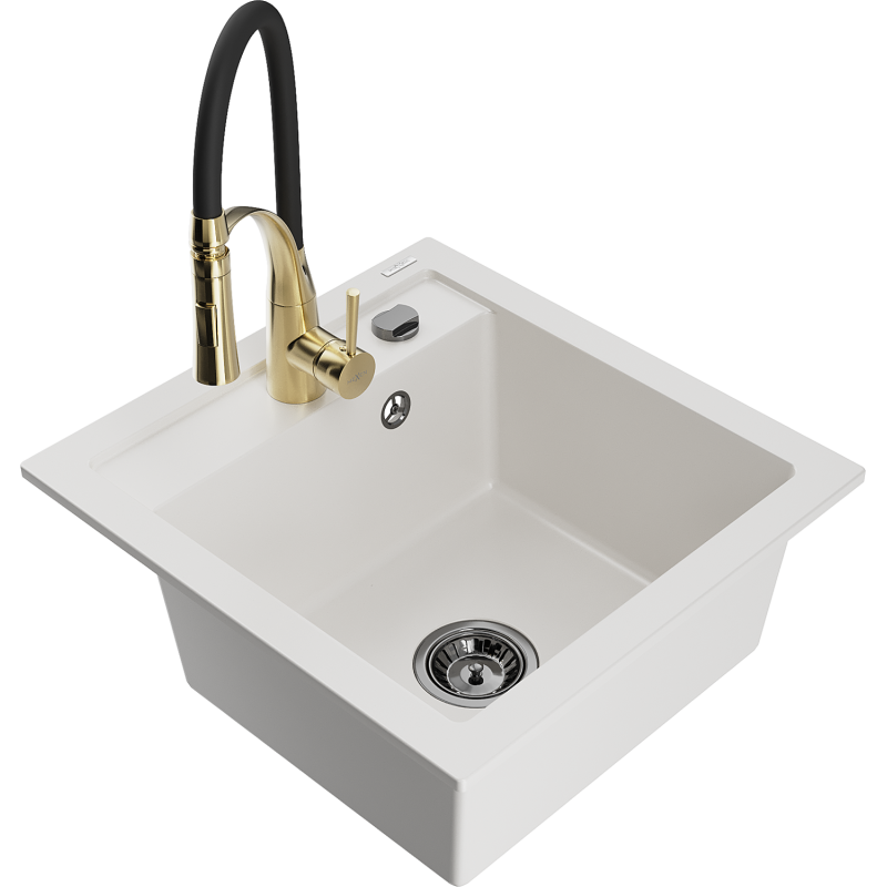 Mexen Matias zlewozmywak granitowy 1,5-komorowy z ociekaczem i baterią kuchenną Aster, biały - 6502-20-73450-57-B