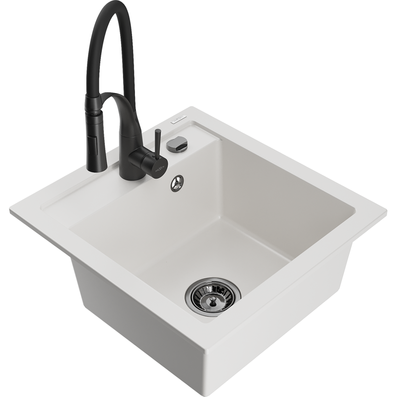 Mexen Vito zlewozmywak granitowy 1-komorowy z baterią kuchenną Aster, biały - 6503-20-73450-70-B