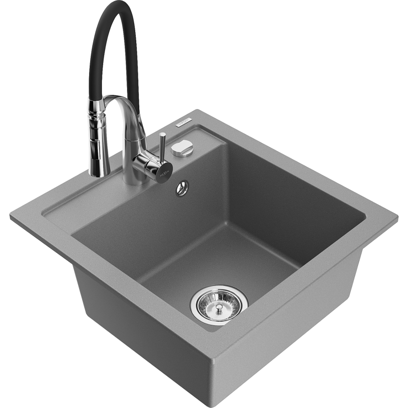 Mexen Vito zlewozmywak granitowy 1-komorowy z baterią kuchenną Aster, szary - 6503-71-73450-07