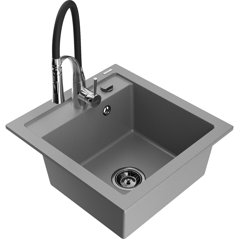 Mexen Vito zlewozmywak granitowy 1-komorowy z baterią kuchenną Aster, szary - 6503-71-73450-07-B