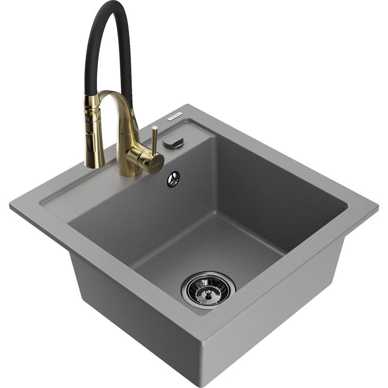 Mexen Vito zlewozmywak granitowy 1-komorowy z baterią kuchenną Aster, szary - 6503-71-73450-57-B