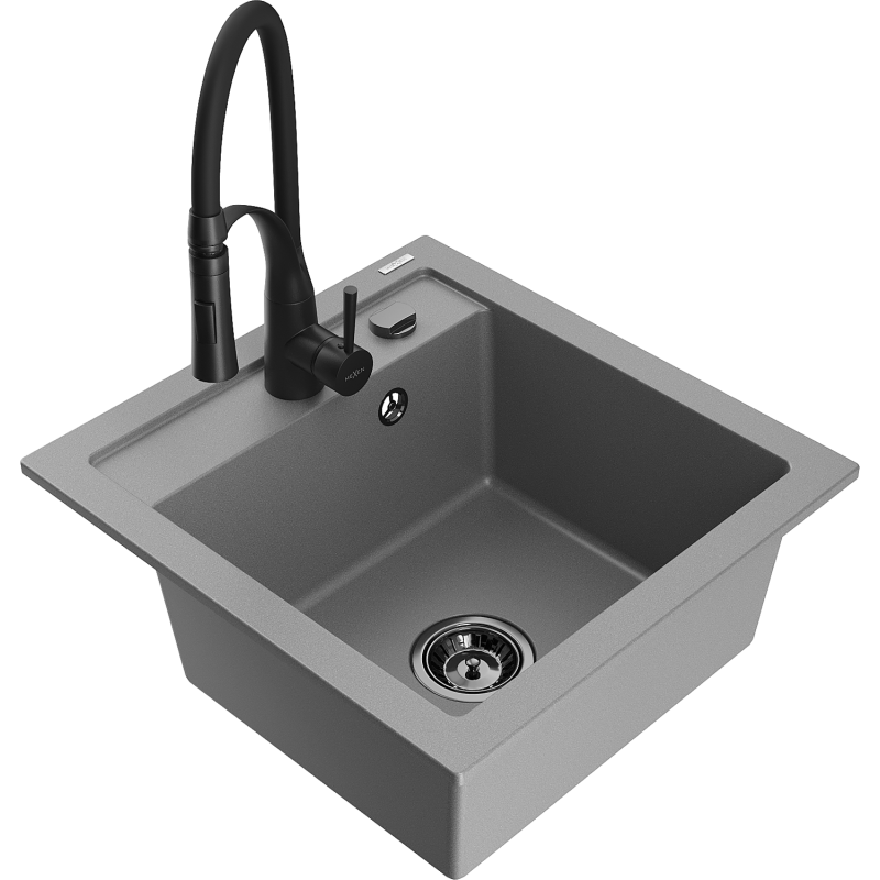 Mexen Vito zlewozmywak granitowy 1-komorowy z baterią kuchenną Aster, szary - 6503-71-73450-70-B