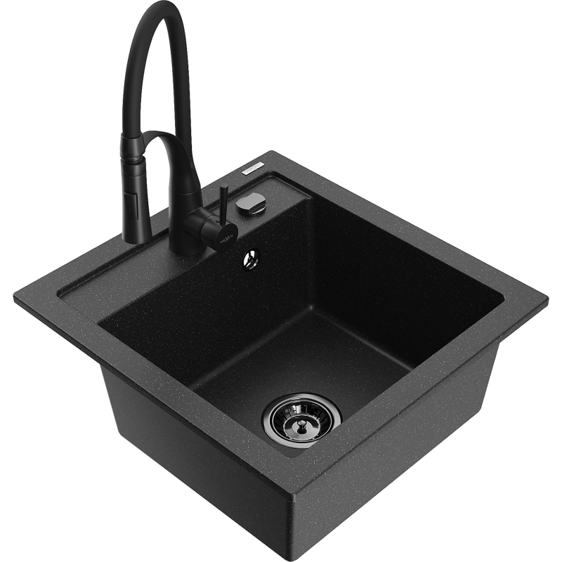 Mexen Vito zlewozmywak granitowy 1-komorowy z baterią kuchenną Aster, czarny/srebrny metalik- 6503-73-73450-70-B