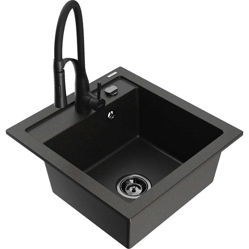 Mexen Vito zlewozmywak granitowy 1-komorowy z baterią kuchenną Aster, czarny/złoty metalik- 6503-75-73450-70-B