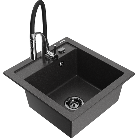 Mexen Vito zlewozmywak granitowy 1-komorowy z baterią kuchenną Aster, czarny nakrapiany - 6503-76-73450-07-B