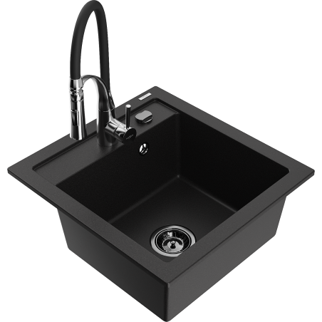 Mexen Vito zlewozmywak granitowy 1-komorowy z baterią kuchenną Aster, czarny - 6503-77-73450-07-B
