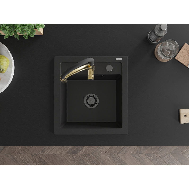 Mexen Vito zlewozmywak granitowy 1-komorowy z baterią kuchenną Aster, czarny - 6503-77-73450-57-B