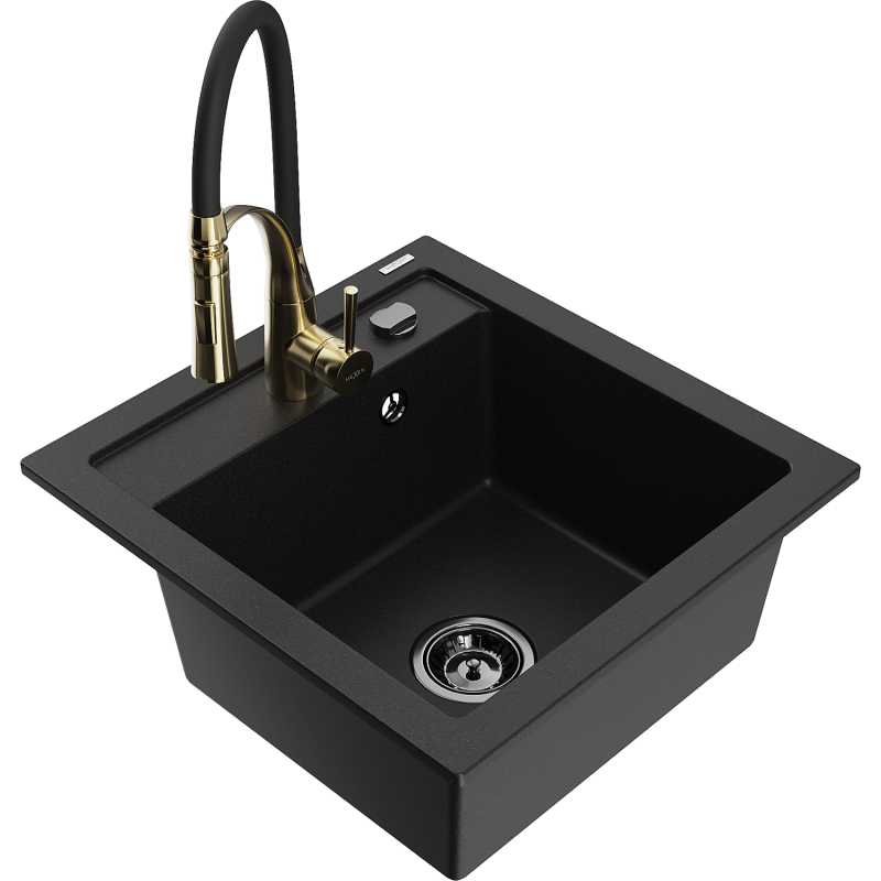 Mexen Vito zlewozmywak granitowy 1-komorowy z baterią kuchenną Aster, czarny - 6503-77-73450-57-B