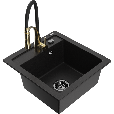 Mexen Vito zlewozmywak granitowy 1-komorowy z baterią kuchenną Aster, czarny - 6503-77-73450-57-B