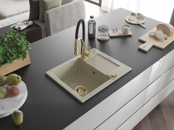 Mexen Enzo zlewozmywak granitowy 1-komorowy z ociekaczem i baterią kuchenną Aster, beżowy - 6506-69-73450-57-G