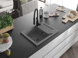 Mexen Enzo zlewozmywak granitowy 1-komorowy z ociekaczem i baterią kuchenną Aster, szary - 6506-71-73450-70-B