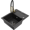 Mexen Enzo zlewozmywak granitowy 1-komorowy z ociekaczem i baterią kuchenną Aster, czarny/srebrny metalik - 6506-73-73450-57-B