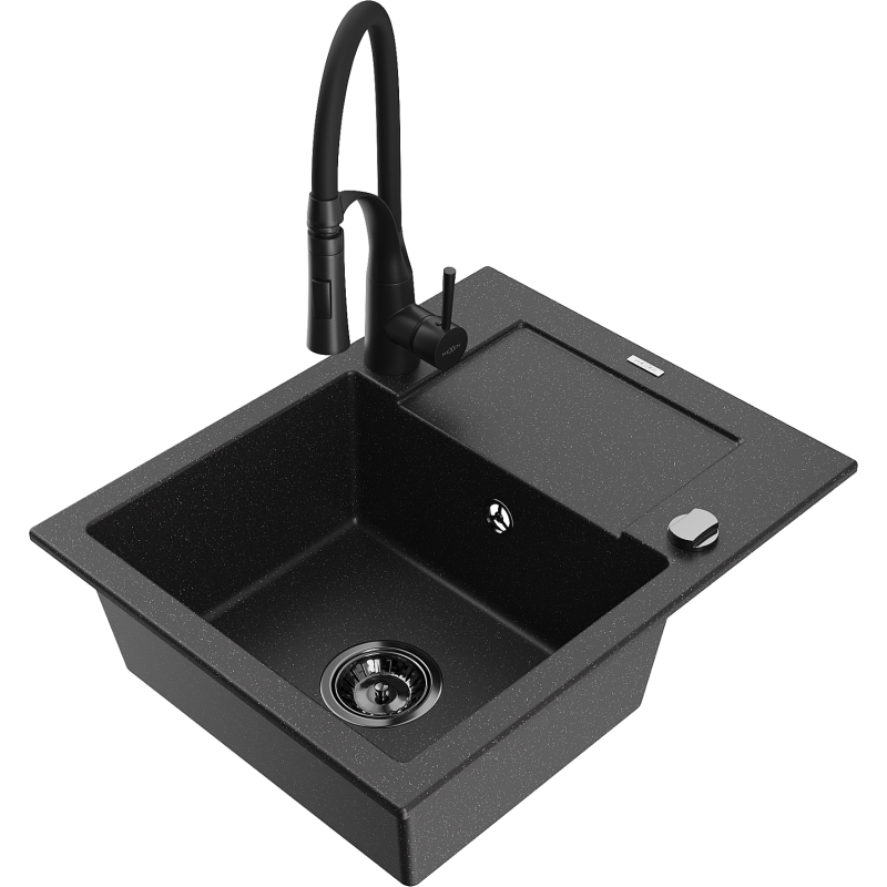 Mexen Enzo zlewozmywak granitowy 1-komorowy z ociekaczem i baterią kuchenną Aster, czarny/srebrny metalik - 6506-73-73450-70-B