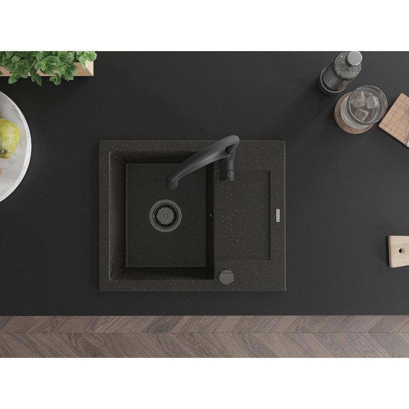 Mexen Enzo zlewozmywak granitowy 1-komorowy z ociekaczem i baterią kuchenną Aster, czarny/złoty metalik - 6506-75-73450-70-B