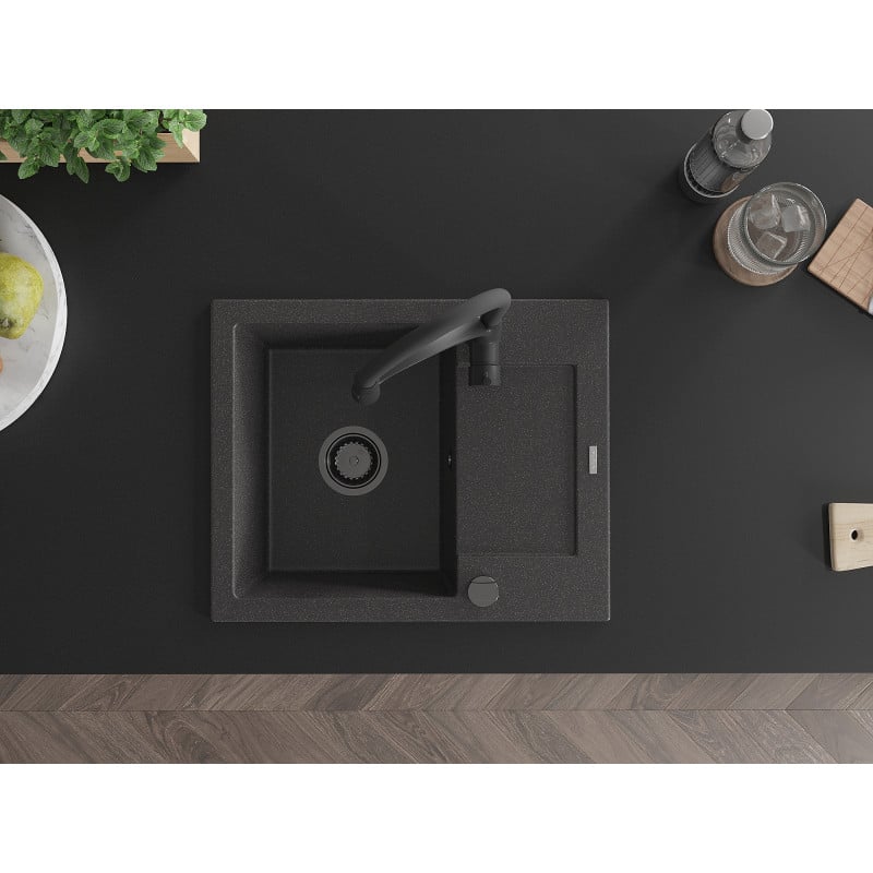Mexen Enzo zlewozmywak granitowy 1-komorowy z ociekaczem i baterią kuchenną Aster, czarny nakrapiany - 6506-76-73450-70-B
