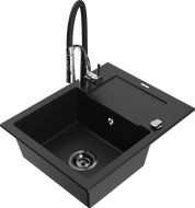 Mexen Enzo zlewozmywak granitowy 1-komorowy z ociekaczem i baterią kuchenną Aster, czarny - 6506-77-73450-07-B