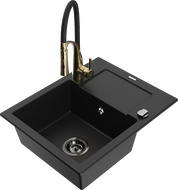 Mexen Enzo zlewozmywak granitowy 1-komorowy z ociekaczem i baterią kuchenną Aster, czarny - 6506-77-73450-57-B