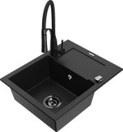 Mexen Enzo zlewozmywak granitowy 1-komorowy z ociekaczem i baterią kuchenną Aster, czarny - 6506-77-73450-70-B