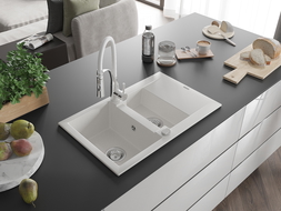 Mexen Gaspar zlewozmywak granitowy 1,5-komorowy z ociekaczem i baterią kuchenną Aster, biały - 6507-20-73450-02