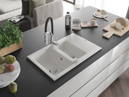 Mexen Gaspar zlewozmywak granitowy 1,5-komorowy z ociekaczem i baterią kuchenną Aster, biały - 6507-20-73450-07