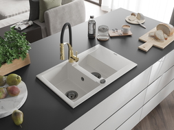 Mexen Gaspar zlewozmywak granitowy 1,5-komorowy z ociekaczem i baterią kuchenną Aster, biały - 6507-20-73450-57-B