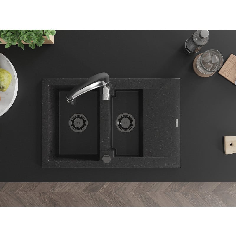Mexen Gaspar zlewozmywak granitowy 1,5-komorowy z ociekaczem i baterią kuchenną Aster, czarny/srebrny - 6507-73-73450-07-B