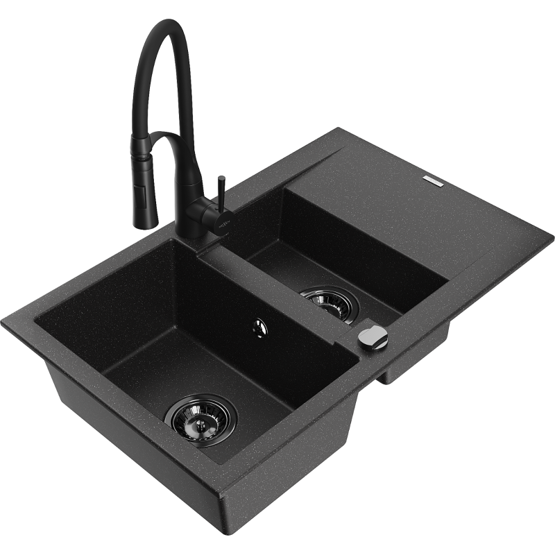 Mexen Gaspar zlewozmywak granitowy 1,5-komorowy z ociekaczem i baterią kuchenną Aster, czarny/srebrny - 6507-73-73450-70-B