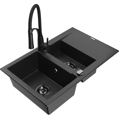 Mexen Gaspar zlewozmywak granitowy 1,5-komorowy z ociekaczem i baterią kuchenną Aster, czarny/srebrny - 6507-73-73450-70-B