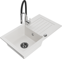 Mexen Pablo zlewozmywak granitowy 1-komorowy z ociekaczem i baterią kuchenną Aster, biały - 6510-20-73450-07-B